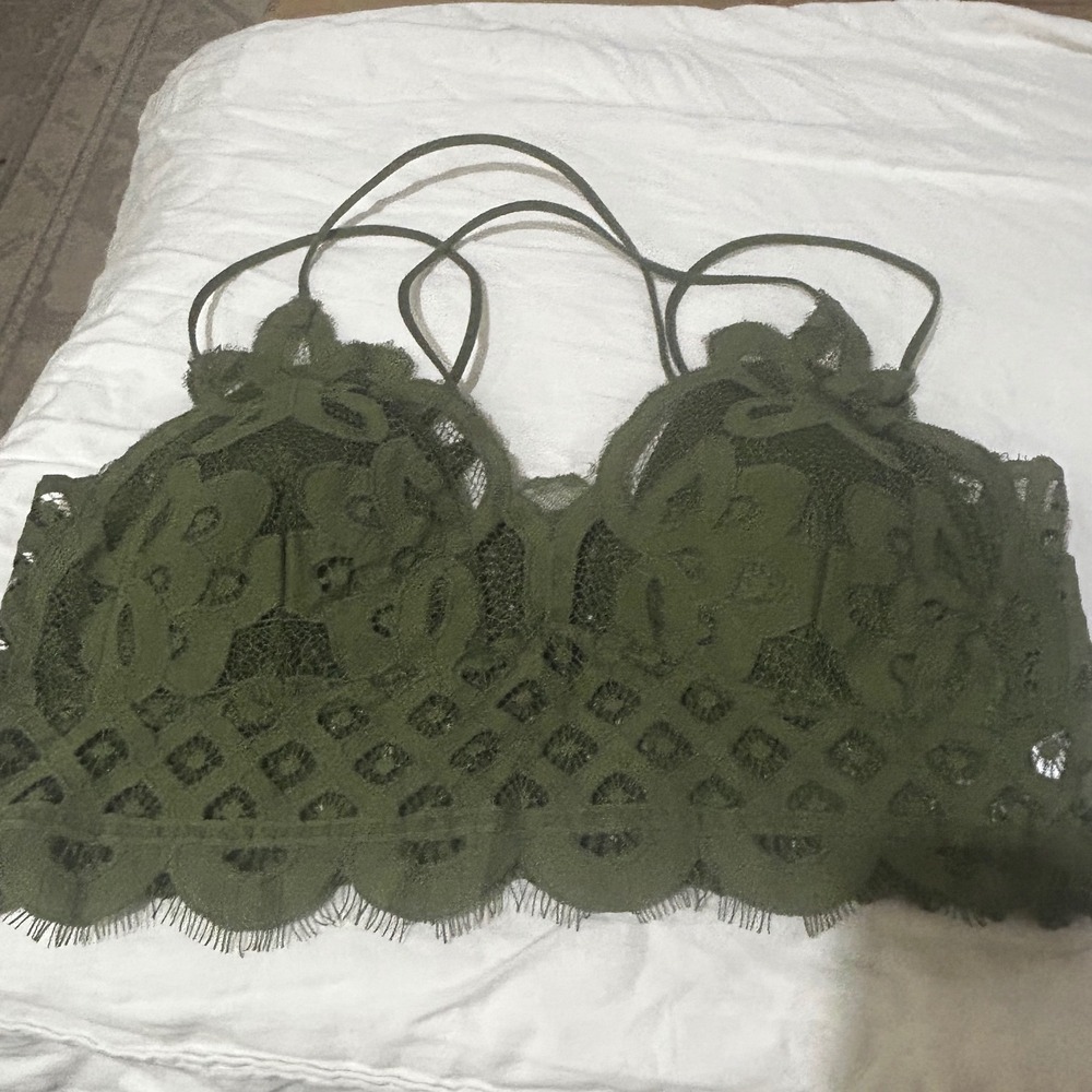 Zenana Olive Green Floral Lace Longline Bralette Double Strap Plus Size 1X Boho